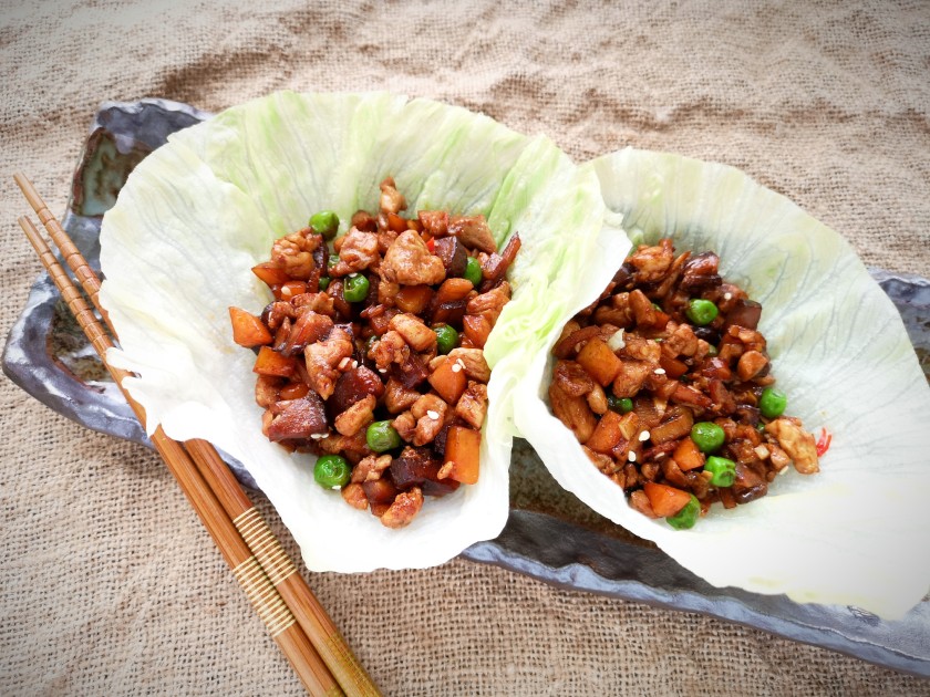 Chicken san choy bow - lettuce wrap with chicken, Chinese mushroom, bamboo shoot and oyster sauce