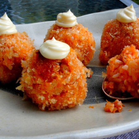 Deep fried rice balls with kimchi, spicy pork and panko crumbs