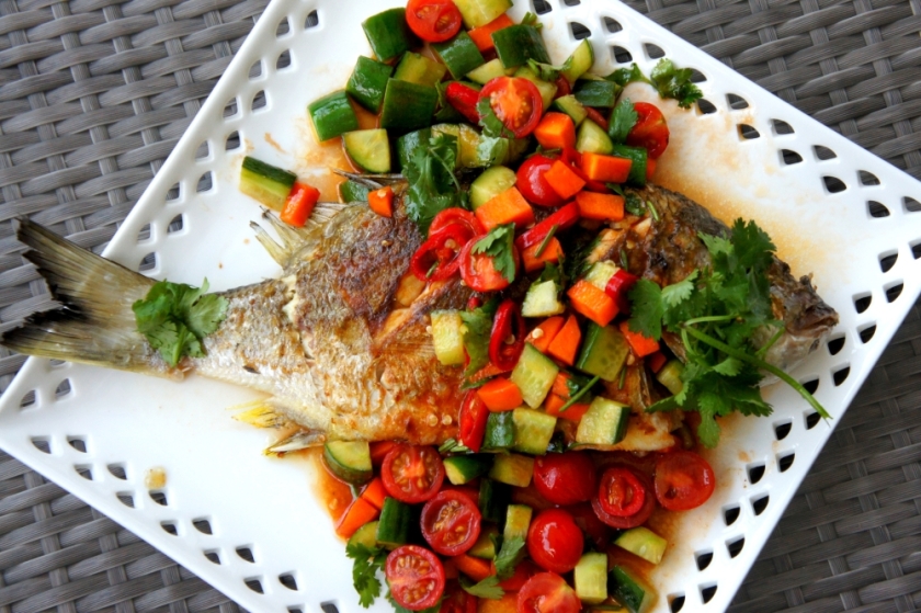 Pan fried fish with chili and tomato sauce, FODMAP friendly