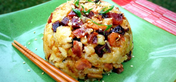 Glutinous rice with Chinese pork sausages, bacon and Chinese mushrooms