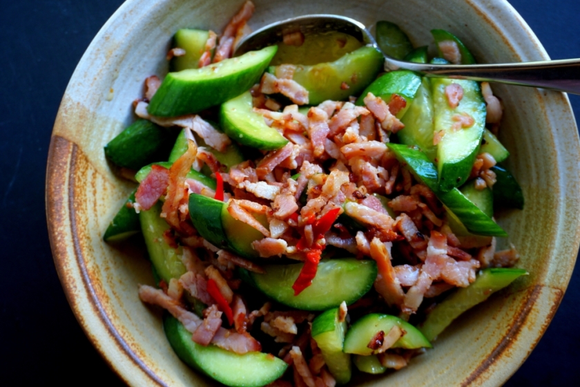Stir fried cucumbers with bacon (gluten free)