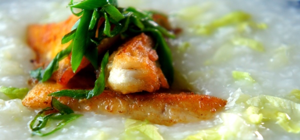 Rice congee with pan fried fish (low FODMAP, gluten free)
